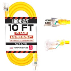 Iron Forge Cable 10 Foot Lighted Outdoor Extension Cord - 12/3 SJTW Heavy Duty Yellow Extension Cable with 3 Prong Grounded Plug for Safety, 15 AMP - Great for Garden and Major Appliances