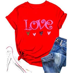 Ovazly Women Love Heart Printed Shirts Valentine's Day Cute Casual Graphic T Shirts Spring Tops Trendy Tee Gifts