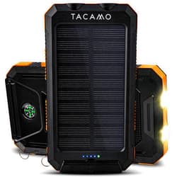 TACAMO® Solar Power Bank Portable Charger - IP67 Waterproof and Dustproof - TSA Compliant - for Backpacking and Camping - Dual USB Port, Fast Charging Battery Pack with 3-Mode Emergency Flashlight