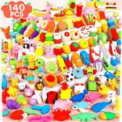 WITALENT 140 Pack Animal Erasers for Kids 3D Puzzle Mini Pencil Eraser Bulk Desk Pets Treasure Box Toy for Classroom School Prize Kids Party Favors Back to School Supplies Random