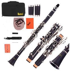 Mowind Bb Flat Clarinet - 17 Key Beginner Student Woodwind Instrument with 2 Barrels and Carry Case, Includes Cleaning Kit