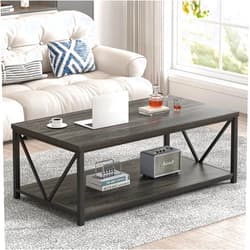 FOLUBAN Industrial Coffee Table with Storage Shelf, Modern Rustic Wooden and Metal Rectangle Center Table for Living Room, Dark Gray, 47 Inch