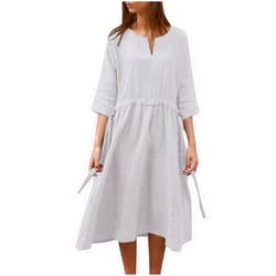 Ceboyel Women Half Sleeve Boho Dresses Cotton Linen Smocked Tiered Dress Drawstring Flowy Dresses Causal Summer Outfits