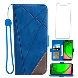 Asuwish Compatible with Moto G7 Play/MotoG7 Optimo XT1952DL/Tmobile Revvlry Wallet Case and Tempered Glass Screen Protector Flip Cover Card Holder Phone Cases for Motorola MotoG7Play Moto7 G 7 7G G7Play Blue