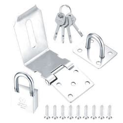 BJBJJIU 4 Inch 90 Degree Padlock Hasps, Stainless Steel Latch Lock Padlock Hasp with Padlock and Keys Set, Right Angle Safety Door Latches, Gate Lock Hasp Latches for Cabinets, Closets Doors (Silver)