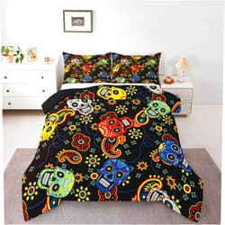 Erosebridal Boho Skeleton Comforter King Size Colorful Sugar Skull Bedding Set Gothic Decor Hippie Paisley Bedding Comforter Sets Bohemian Mandala Floral Duvet Insert Black Lightweight Quilt Comforter