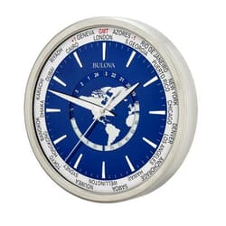 Bulova Clocks C4380 International 13.6-Inch Wall Clock – Blue World Time Dial, Major Cities Ring, Satin Pewter Steel Case, Glass Lens, Precise Quartz Movement