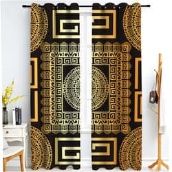 DEOUFIA Blackout Curtains Thermal Insulated Window Curtains 1㎡ Custom Size, Retro Black Gold Greek Key Meander 3D Geometric Gold Print Luxury Grommet Window Curtain for Bedroom Living Room Patio