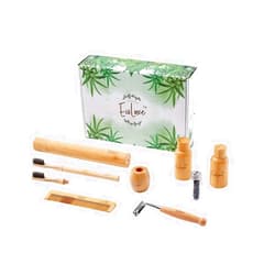 EcoLuxe Sustainable Gift Box Personal Care Travel Sized Toiletries Bundle, Bamboo Toothbrush, Dental Floss, Comb,Liquid Containers, Razor, Bamboo Travel Case and Stand, 9 Items