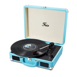 Feir Vinyl Stereo Blue Record Player 3 Speed Portable Turntable Suitcase Built in 2 Speakers RCA Line Out AUX Headphone Jack PC Recorder