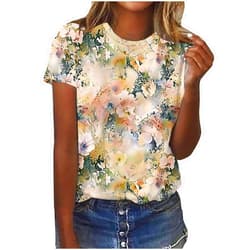 Generic Women's Short Sleeve Hawai Shirts 2024 Summer Retro Floral Graphic Tees Tops Casual Crewneck T Shirts Cute Loose Fit Blouse