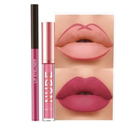 Rosarden 2Pcs Matte Lipstick and Lip Liner Set, Cream Nude Mauve Long Lasting Waterproof Lipliner Pencil & Plumper Lip Gloss, Retractable Lip Liner and Liquid Lipstick for Women Girls Lip Makeup (#02)