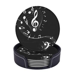 Famame 6 Pcs Musical Music Notes Staff Clef Leather Coasters for Drinks with Holder Coaster Sets Drink Table Cup Coasters for Living Room Kitchen Coffee Decor