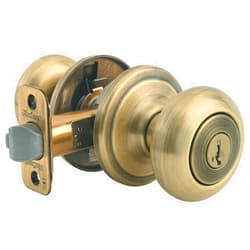 Kwikset Juno Entry Door Knob with Lock and Key, Secure Keyed Handle Exterior, Front Entrance and Bedroom, Antique Brass, Pick Resistant SmartKey Rekey Security and Microban