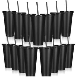 Bokon Tumblers with Straws and Lids - Bulk 24 oz Reusable Plastic Cups for Cold and Hot Drinks, Parties, and Birthdays - 15 Sets, Black