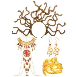 Huquary 4 Pcs Halloween Medusa Costume Accessories for Women, Medusa Snake Headband Headpiece Boho Red Turquoise Necklace Snake Earrings Bendable Snake Bracelet for Women Cosplay