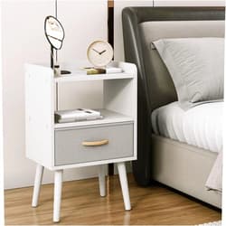 Apicizon Nightstand with Fabric Drawer, Wood Bedside Table with 3 Tier Storage, Mid Century Modern End Table for Bedroom, Small Space, White
