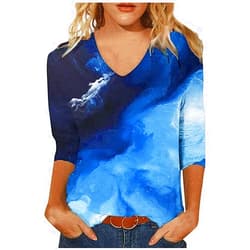 Sinifer Women 3/4 Sleeves Shirts Butterfly Floral Print Tunic Tops V Neck Blouse B Blue Medium