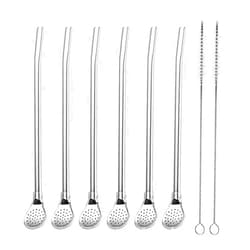 EvaGO Reusable Stainless Steel Drinking Straws with Filter Spoon 6 Pieces Yerba Mate Tea Bombilla Drinking Straws with 2 Pieces Cleaning Brushes Set, 7.1inch Long