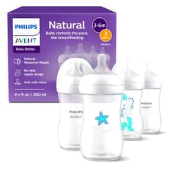 AVENT Philips Avent Natural Baby Bottles with Natural Response Nipples (Medium Flow, Flow 3), with Seahorse and Starfish Design, 9oz, 4-Pack, SCY903/68