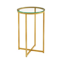Walker Edison Cora Modern Glass Top Round Accent Table with X Base, 16 Inch, Glass and Gold