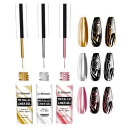 U-Shinein 3x12ml Metallic Mirror Painting Liner Gel Polish Set, Mirror Chrome Effect Painted Gel Nail Polish, Metal Drawing Striper Gel Build in Thin Brush Soak Off UV/LED Nail Art Manicure, Set A