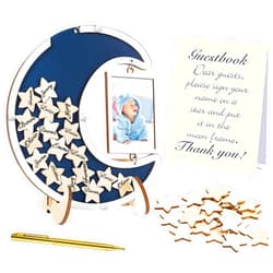 Yookeer Moon Guest Book with Wood Star Cutouts Baby Shower Guest Book Alternative Guest Books with Photo Frame for Baby Shower Wedding Boys Girls Birthday Parties Keepsake (Navy Blue,Medium)