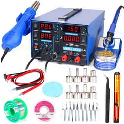 YIHUA 853D 3A USB Professional Soldering Rework and Power Supply Station bundle with #2300 Hot Air Nozzles with Iron holder, Soldering Cleaning Kit and Accessories (28 Items)