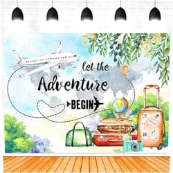 AlELCJY Adventure Travel World Photography Background Suitcase Plane Birthday Party Backdrop for Adventure Awaits Begins Travel Airplane Photo Banner Baby Shower Tudio Photo Photocall Props (7x5ft)