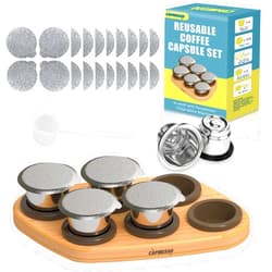 CAPMESSO Reusable Capsules for Nespresso OriginalLine, 6pcs Nespresso Refillable Pods Stainless Steel Coffee Pods Compatible with Nespresso Originaline Machine(6 Pods+100 Lids+ Wood Storage Tray)