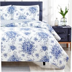 Mélange Home Classical Romantic Floral Pattern with Reversible Bohemian Bamboo Stripe Back 100% Cotton Pre-Washed Quilt Set Navy King Size Luxury Coverlet, Quilting Bedspread for All Season (220359)