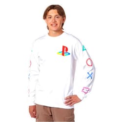 Seven Times Six PlayStation Men's Console Controller Button Icons Adult Long Sleeve T-Shirt (White, Small)