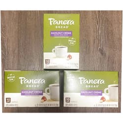 Generic Panera Bread Hazelnut Creme flavor Coffee. 10 pods per box. DMC Spoon included. Bundle of 3 boxes. 100% Arabica Coffee. Smooth, Rich, Nutty.
