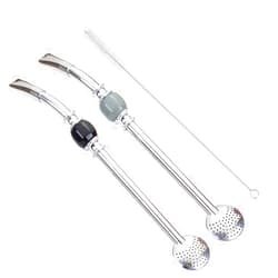 Datconect Set of 2 Premium big Yerba Mate stainless steel straws 8.2'' long - Bombillas for Mate gourd drinking,removable head filter, with Cleaning Brush (Gray-Black 2+1)