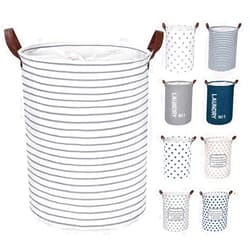 FRIENDIY Large Laundry Hampers (9 Colors), Removable Laundry Basket,foldable fabric laundry basket, drawstring waterproof round cotton linen storage basket. (White Strips, Thickened 19