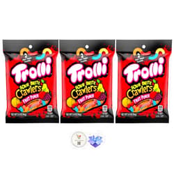KD Supplies Trolli Gummy Candy - (Pack of 3) Share Size Peg Bags + BONUS Mystery Candy (3.4 oz, Fruit Punch Crawlers)