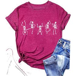 FCDIED Dancing Skeleton Shirt Women Halloween Skull Tshirt Funny Skeletons Graphic Tee Fall Casual Novelty Short Sleeve Tops