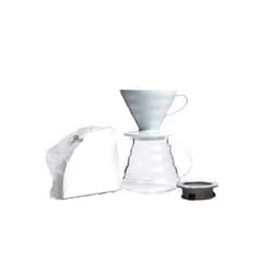 Hario V60 Coffee Pour Over Kit Bundle Set - Comes with Ceramic Dripper, Range Server Glass Pot, Measuring Spoon, and 100 Count Package of Hario 02W Coffee Filters