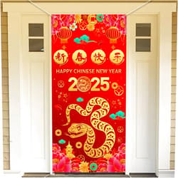 HOWAF Chinese New Year Decoration Door Banner, Fabric 2025 New Year's Eve Party Door Cover Year of the Snake Banner for Spring Festival Party Supplies, Red Happy New Year Door Decoration Banner