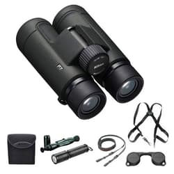 Nikon PROSTAFF P7 10x42 Waterproof Binocular for Adults | Small & Compact Travel Binoculars for Bird Watching | Binocular Harness Strap, Lens Pen Cleaning System, & Flashlight Bundle Set