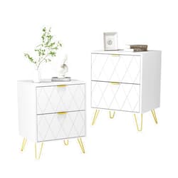 Anbuy White Nightstand Set of 2, End Side Table Double, Bedside Table with 2 Drawers, Dual Night Stand Metal Gold Legs for Bedroom Living Room