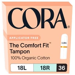 Cora Organic Tampons, Non-Applicator, 100% Organic Cotton | Ultra-Absorbent, Unscented, Natural, Non-Toxic, Applicator Free | Eco-Conscious (36 L/R Tampons)
