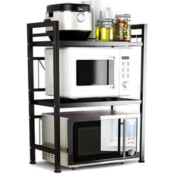 DOLALIKE Microwave Oven Rack, Expandable Microwave Stand Countertop Kitchen Utensils Tableware Storage, Carbon Steel Over Microwave Shelf Countertop with 3 Hooks