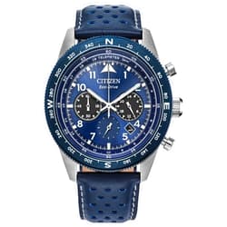 Citizen Men's Eco-Drive Weekender Sport Casual, Silver-Tone Stainless Steel Watch, Blue Leather Strap, Chronograph (Model: CA4557-01L)