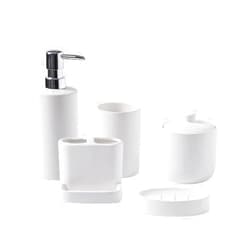 SURUI Bathroom Accessory Set 5 Pcs,SURUI Complete Matte White Bathroom Accessory Set with Toothbrush Holder，Tooth Glass，Cotton Swab/Cotton BallDispenser，Soap Dish，Liquid Soap Dispenser（White）