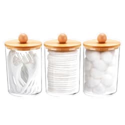 Tbestmax 10 Oz Cotton Swab/Ball/Pad Holder, Qtip Apothecary Jar, Clear Bathroom Containers Dispenser for Storage 3 Pack Wood Lids