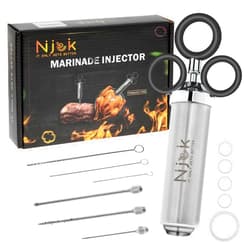 Njek Stainless Steel Meat Flavor Injector Kit, 2-oz Large Capacity with 3 Professional Needles, Marinade and Seasoning Injector Syringe for Beef, Turkey, Brisket, Sturdy and Heavy-duty for BBQ Grill