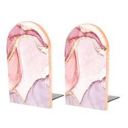 PAVQWEJ 2PCS Pink Wood Bookends for Shelves, Glitter Rose Gold Pink Marble Book Ends Book Stand Supports for Home Office School Study Room Desk Shelves Decor (1 Pair) Pink
