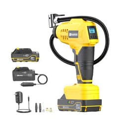 FADAKWALT Tire Inflator Portable Air Compressor,20V Cordless Car Tire Pump, Rechargeable Battery w/12V Power Adapter&Gauge Display, Pump for Car Tires, Motorcycles, Bicycles, Balls (Yellow)