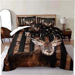 Bedbay American Flag Bed Comforter Queen Hunting Deer Bedding Boys Girls Bedroom Decor Camo Bedding Down Alternative Comforter Camouflage Quilt Set 4 Pcs Lightweight Comforter Queen(Deer,Queen)